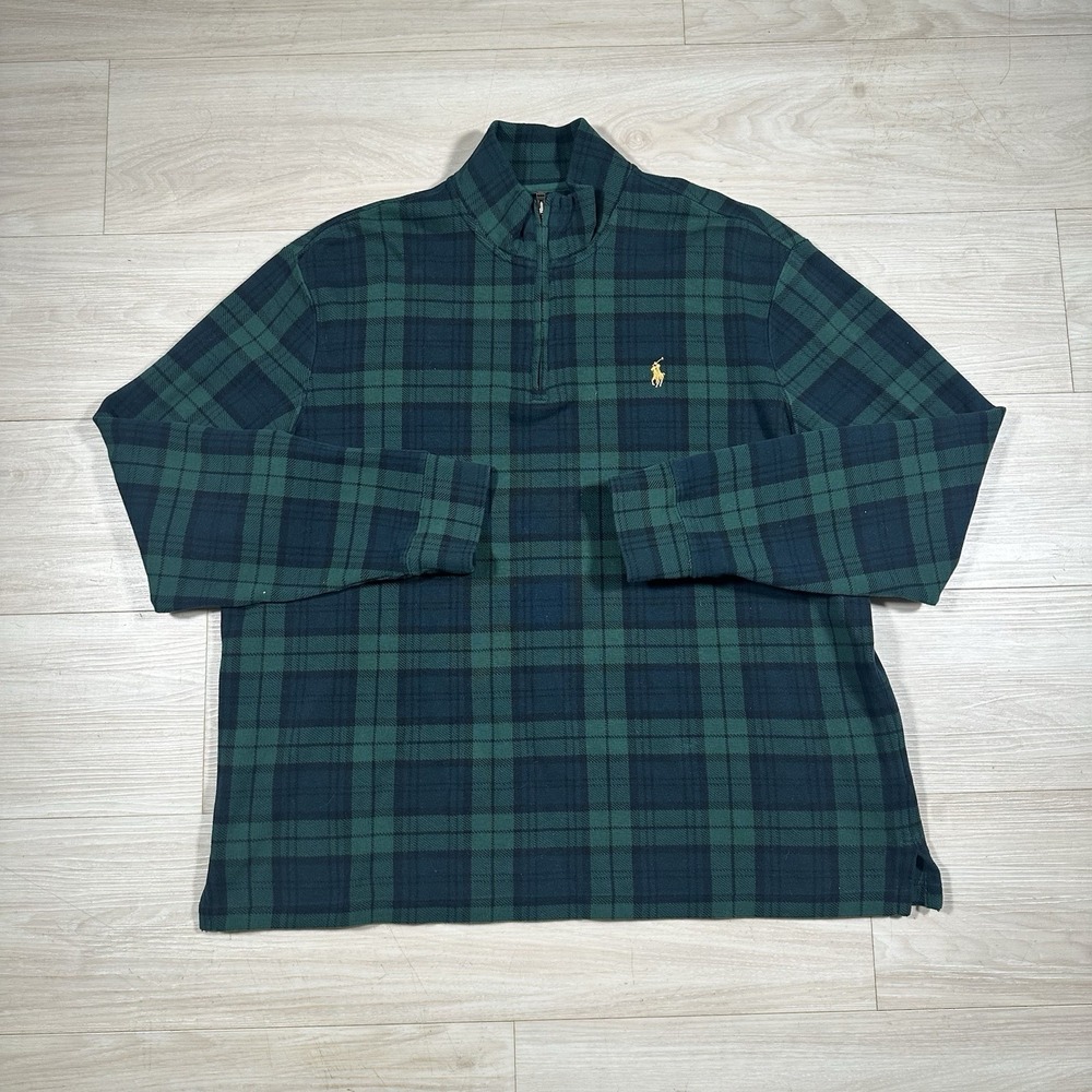 Polo Ralph Lauren Men's Estate Rib 1/4 Zip Pullover Size XL Green Blue Plaid